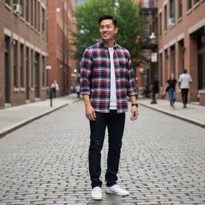 Naked & Famous Shirt Flannel Size S/P Red Blue Check Long Sleeve